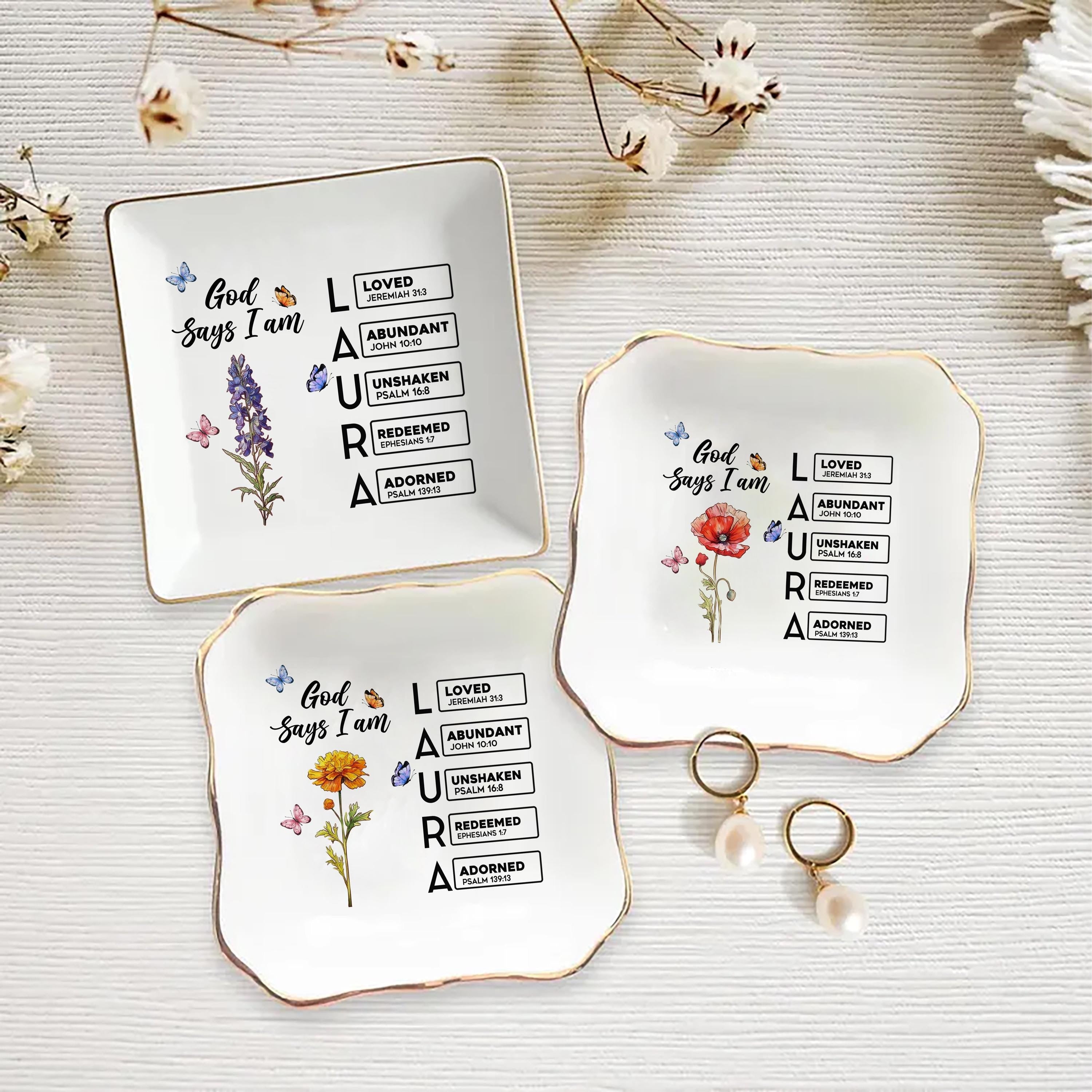 God Says I Am Name Letter In Bible Verse Jewelry Dish, Custom Scripture Gift for Women, Personalized Christian Jewelry Dish, Religious Gifts JDLAF03